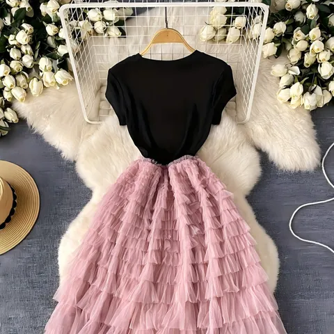 French Vintage Women Mesh Patchwork Tiered Maxi Dress Elegant Round Neck Short Sleeve Color Block A-Line Party Long Dress