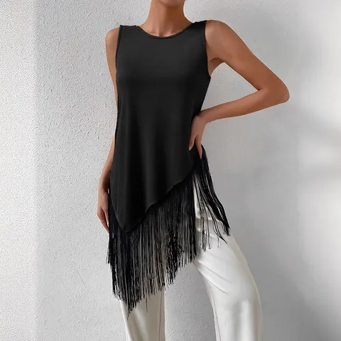 Women's Ribbed Knit Tank Top With Irregular Tassel Hem Sleeveless Pullover Round Neck Polyester Casual Solid Color Top