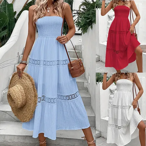 Women Strapless Smocked Tube Top Lace Patchwork Maxi Dress Elegant Bohemia Off Shoulder A-Line Vacation Beach Long Dress Top And Bottom