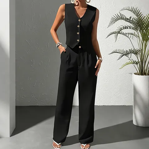 Women Elegant V Neck Sleeveless Vest And High Waist Wide Leg Pants Two Piece Set Professional Commute Top And Bottom