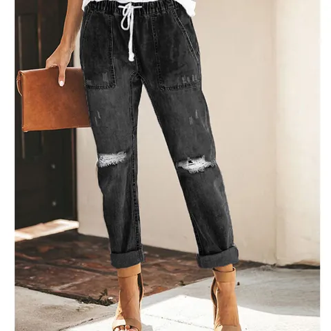 Women's Straight Leg Jeans Distressed Washed Cotton Denim Pants Elastic Waist Drawstring Plus Size Casual Bottoms