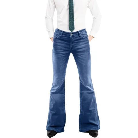 Pantalon de Jean Évasé Homme Rétro Années 70 Disco Vintage Pattes d'Éléphant Denim Slim Fit Taille Moyenne Lavé Large