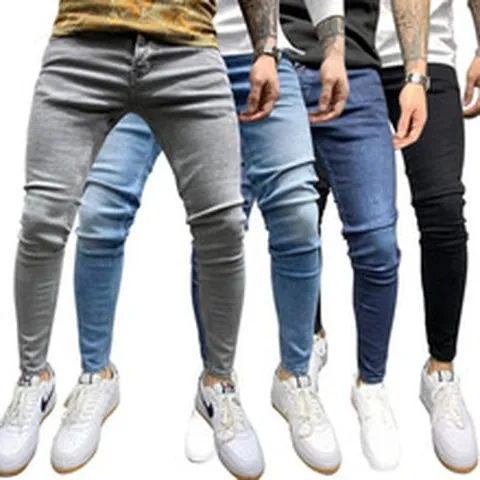Men Skinny Ripped Jeans With Badges Distressed Denim Pants Slim Fit Patchwork Streetwear Jeans For Men Washed Bottom Blue Gray