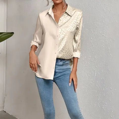 Women Elegant Leopard Print Split Joint Long Sleeve Shirt Casual Polo Collar Button Up Patchwork Satin Blouse Commuter Top