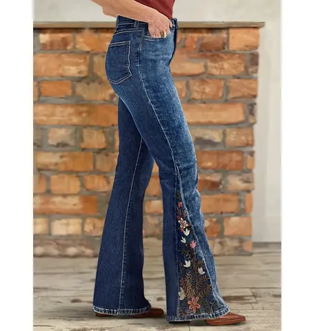 Jean Évasé Broderie Florale Vintage pour Femmes Denim Stretch Coton Taille Basse Slim Bas Élégant Bleu