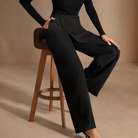 Women Asymmetrical High Waist Wide Leg Pants Woven Polyester Draped Trousers Casual Loose Office Lady Bottom Long Pants