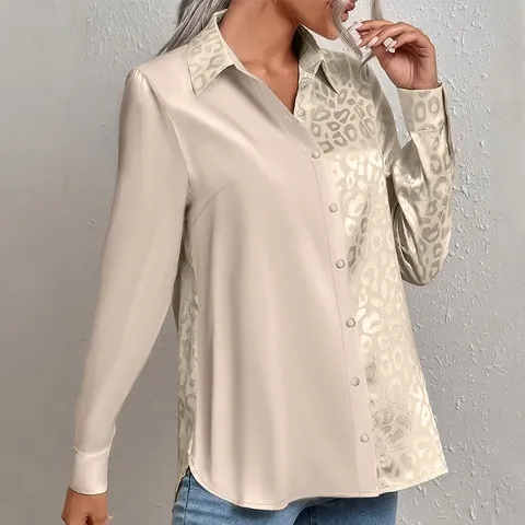 Women Elegant Leopard Print Split Joint Long Sleeve Shirt Casual Polo Collar Button Up Patchwork Satin Blouse Commuter Top
