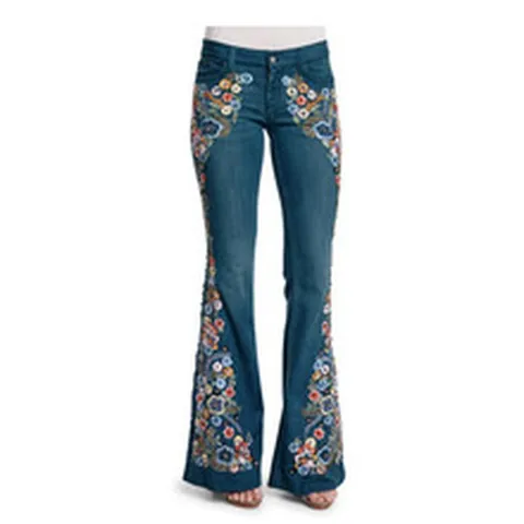 Jeans Évasés pour Femmes avec Broderie Florale Bohème Taille Haute Pantalon en Denim Évasé Coupe Ajustée Retro Streetwear