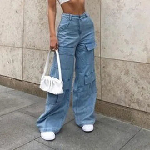Jeans Cargo en Denim de Coton Lavé pour Femmes Bleu Clair Taille Haute Multi-poches Jambe Large Pantalon Long Décontracté