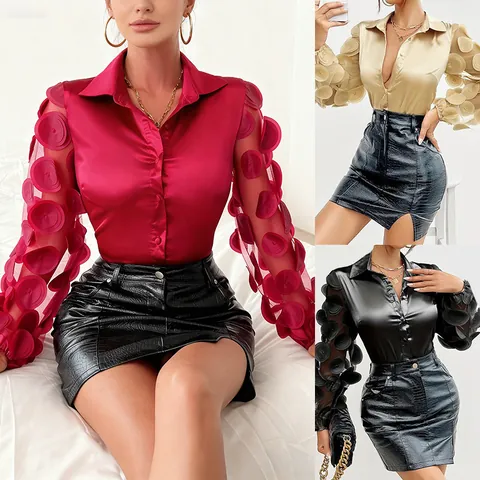 Women Fashion Hollow Out Long Sleeve Shirt Autumn Satin Blouse Top Casual Office Wear Lapel Shirt With 3D Floral Applique Sleeves