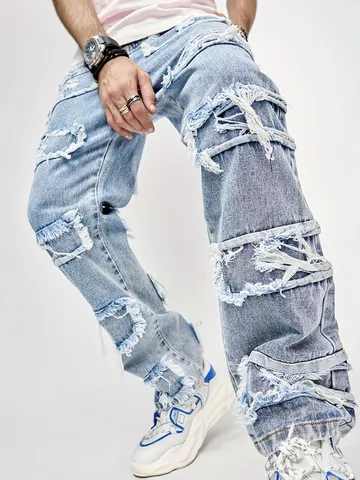 Pantalon Jeans Homme High Street Coupe Droite Déchiré Bords Effilochés en Denim de Coton Délavé Streetwear Bottoms