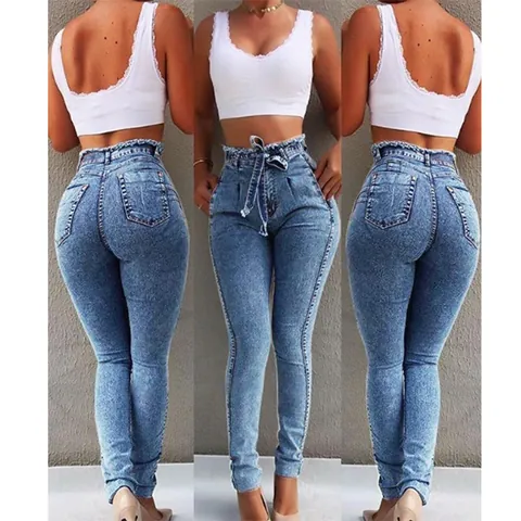 Jeans Paperbag à Taille Haute pour Femmes Coupe Slim en Coton Délavé Pantalon Crayon Style Streetwear avec Ceinture
