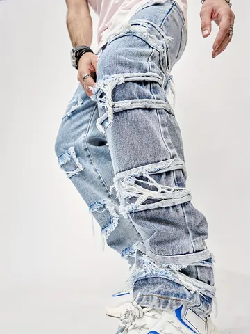 Pantalon Jeans Homme High Street Coupe Droite Déchiré Bords Effilochés en Denim de Coton Délavé Streetwear Bottoms