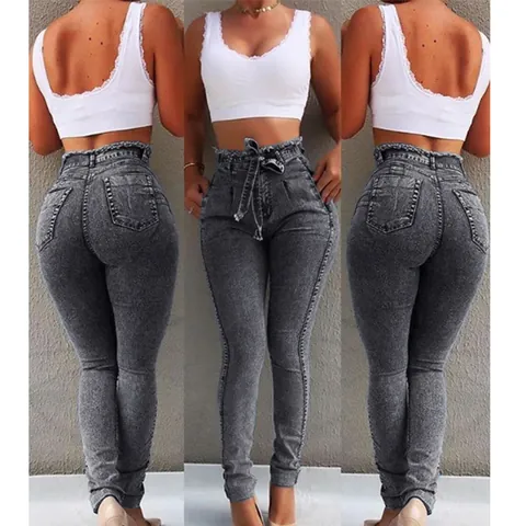Jeans Paperbag à Taille Haute pour Femmes Coupe Slim en Coton Délavé Pantalon Crayon Style Streetwear avec Ceinture
