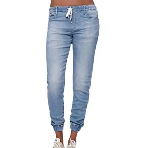 Women Plus Size Elastic Waist Denim Jogger Pants Loose Harem Lantern Jeans Casual Drawstring Cuffed Hem Washed Denim Long Pants