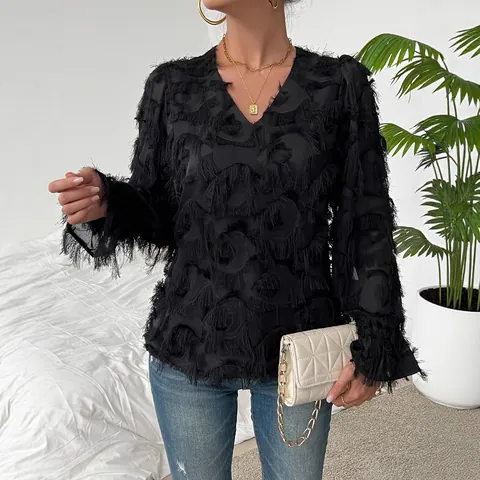 Blusa de Manga Larga con Cuello en V y Borlas de Plumas para Mujer Moda Coreana Elegante Top de Jersey de Color Sólido Camisa Casual para Mujer
