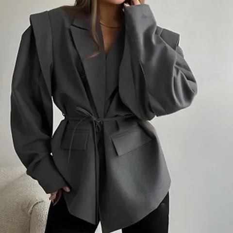 Chaqueta Blazer Casual para Mujer con Solapa con Muesca y Cinturón Manga Larga Color Sólido Floral Patchwork Top Moda Oficina