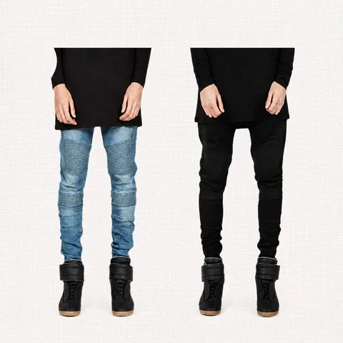 Men Fashion Biker Jeans Pleated Slim Fit Washed Denim Moto Pants Skinny Leg Mid Waist Zipper Fly Streetwear Trousers