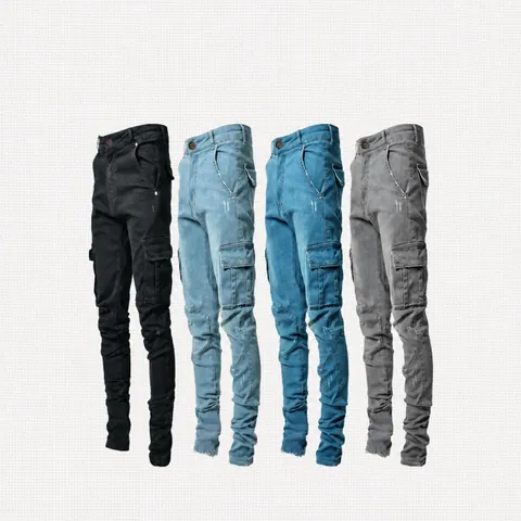 Men's Slim Fit Denim Cargo Pants Elastic Multi-Pocket Washed Jeans High Street Fashion Cotton Bottom For Daily Wear