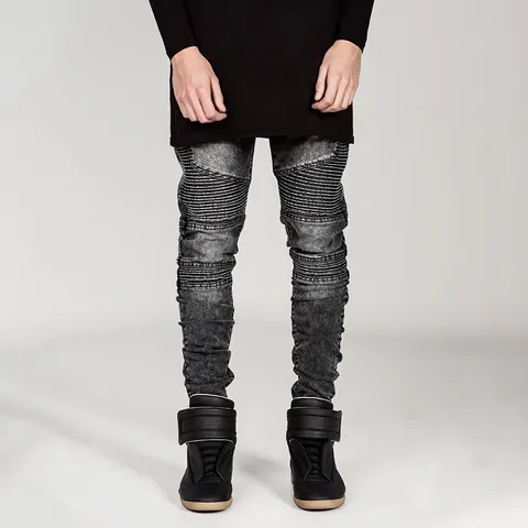 Men Fashion Biker Jeans Pleated Slim Fit Washed Denim Moto Pants Skinny Leg Mid Waist Zipper Fly Streetwear Trousers