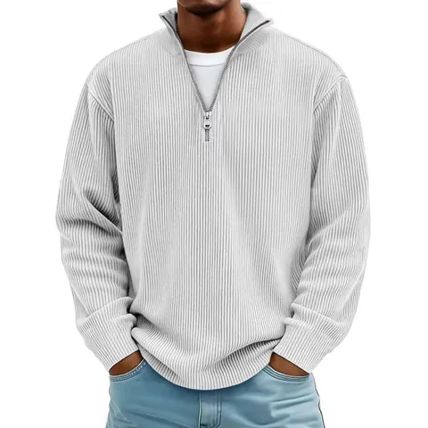 Camiseta de Manga Larga Acanalada Para Hombre Con Cremallera de Un Cuarto Cuello Alzado Slim Fit Color Sólido Moda Casual