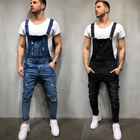 Salopette en Jean Distressed pour Hommes Coupe Ajustée Jeans Déchirés Streetwear Mode Combinaison Une Pièce Pantalon Long Street Style