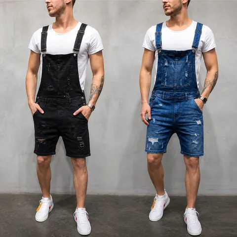 Salopette en Jean Distressed pour Hommes Coupe Ajustée Jeans Déchirés Streetwear Mode Combinaison Une Pièce Pantalon Long Street Style