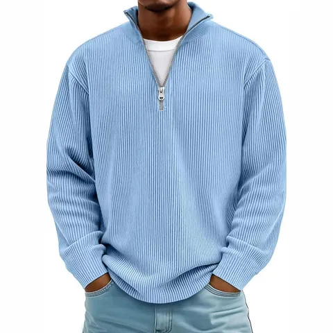 Uomo Top a Maniche Lunghe in Velluto a Coste Collo in Piedi con Cerniera Polo Casual Pullover a Costine Tinta Unita Moda Autunno Inverno Abbigliamento Uomo