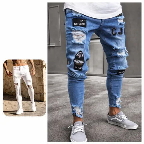 Vaqueros Ajustados Rotos de Estilo Callejero Occidental para Hombre Con Parches de Insignia Lavados Ajustados Pantalones de Mezclilla