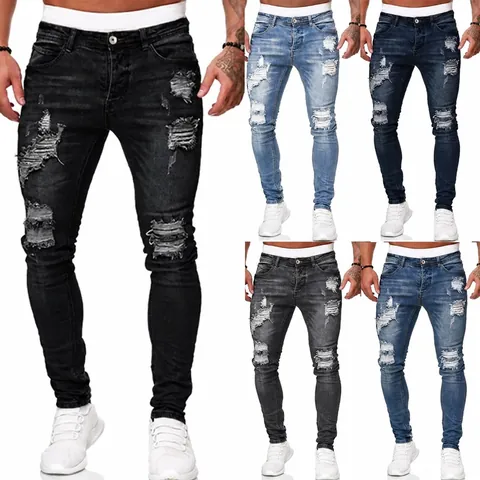 Ανδρικά Μοντέρνα Τζιν Skinny Σχισμένα Distressed Εφαρμοστή Γραμμή Βαμβακερό Denim Πλυμένο Παντελόνι Hip Hop Στυλ για Καθημερινή Μόδα