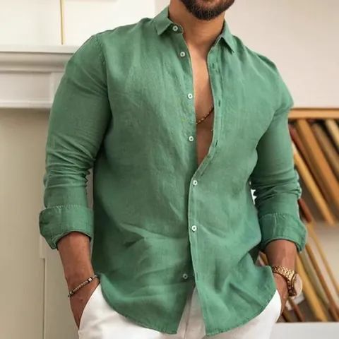 Men Casual Solid Color Long Sleeve Shirt Classic Lapel Button Up Top Minimalist British Style Polyester Fashion Shirt For Men