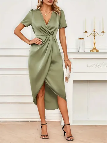 Vestido Maxi de Satén para Mujer Manga Corta Cuello en V Cruzado Dobladillo Asimétrico Elegante Vestido de Fiesta Ajustado Color Sólido Vestido Largo