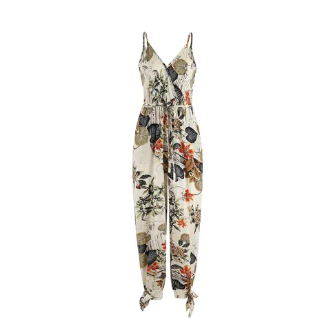 Women Sexy V Neck Cami Jumpsuit Backless Printed Tie Waist Sleeveless Polyester Jumpsuits For Party Casual Romper