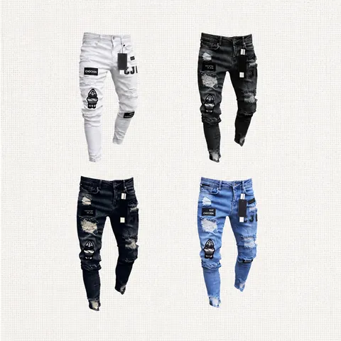 Men Skinny Ripped Jeans With Badges Distressed Denim Pants Slim Fit Patchwork Streetwear Jeans For Men Washed Bottom Blue Gray