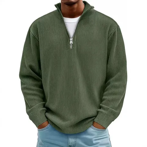 Polo da Uomo in Velluto a Coste a Maniche Lunghe Casual Patchwork Coreana con Cerniera Autunno Fashion Poliestere