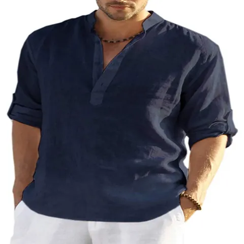 Camisa Informal de Mezcla de Algodón y Poliéster para Hombre Cuello Alto Manga Larga Henley Ajuste Holgado Color Sólido
