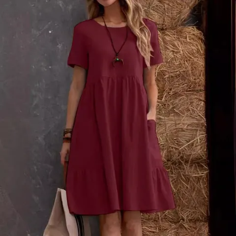 Dames Vintage Katoen Linnen Jurk Losse Effen Kleur Midi A-Lijn Jurk Met Zakken Korte Mouw Ronde Hals Zomer Casual Strandjurk