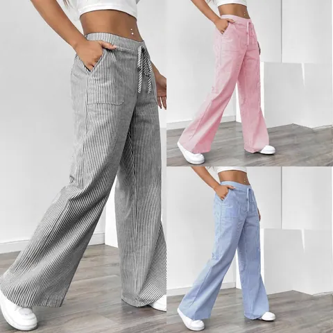 Women's Summer Casual Striped Wide Leg Pants Drawstring High Waist Straight Bottom Breathable Lightweight Daily Wear Trousers