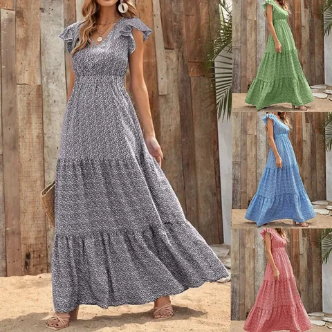 Women V Neck Floral Print Maxi Dress Elegant High Waist Layered Tiered Ruffle Sleeve Boho Vacation Long Dress