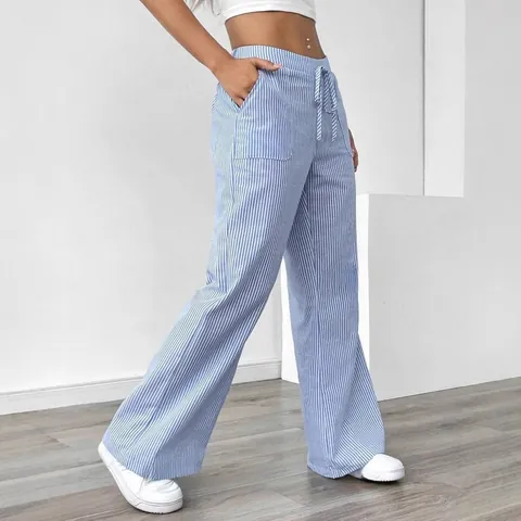 Women's Summer Casual Striped Wide Leg Pants Drawstring High Waist Straight Bottom Breathable Lightweight Daily Wear Trousers