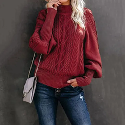 Women's Winter Casual Cable Knit Sweater Round Neck Lantern Sleeve Loose Fit Pullover Top Soft Warm Acrylic Knitwear
