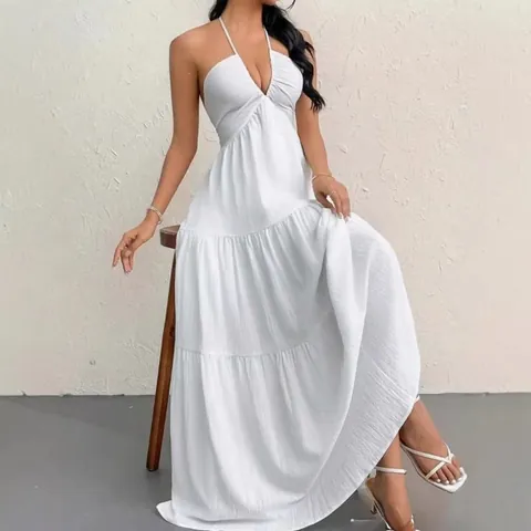 Women Sexy Backless Halter Neck Maxi Dress Summer Solid Color Tiered Long Dress For Beach Vacation Sleeveless V Neck Top And Bottom