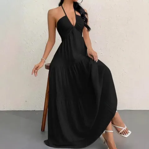 Women Sexy Backless Halter Neck Maxi Dress Summer Solid Color Tiered Long Dress For Beach Vacation Sleeveless V Neck Top And Bottom