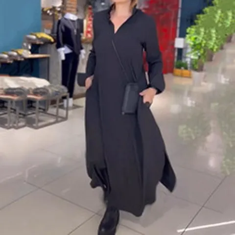 Women's Casual Loose Solid Color V-Neck Long Sleeve Maxi Dress Autumn Winter Pullover Splicing High Waist Long Dress