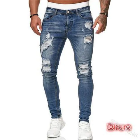 Jeans Skinny Déchiré pour Hommes Slim Fit Pantalons en Denim Distressed avec Design Effiloché Lavé Extensible Décontracté Streetwear Bas