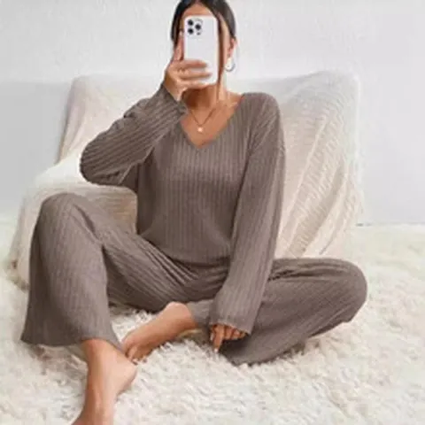 Set Casual da Donna a Costine Spazzolato Scollo a V Manica Lunga Top And Bottom Abbigliamento da Casa Largo Autunno Inverno Tinta Unita