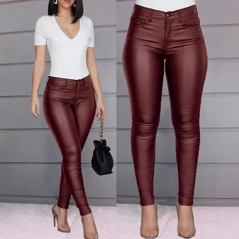 Women High Waist PU Leather Skinny Pants Slim Fit Stretch Faux Leather Trousers Casual Autumn Winter Solid Color Bottoms