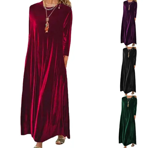 Vestido Largo de Mujer Casual Cuello Redondo Manga Larga Terciopelo Línea A Ajuste Delgado Color Sólido Primavera
