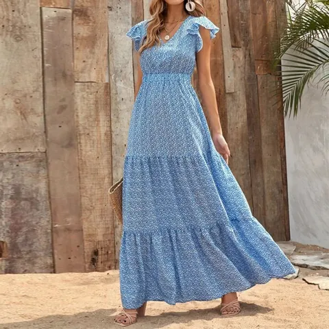 Women V Neck Floral Print Maxi Dress Elegant High Waist Layered Tiered Ruffle Sleeve Boho Vacation Long Dress