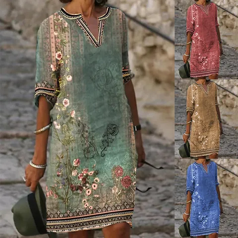 Women's Vintage Ethnic Floral Print Midi Dress Casual V-Neck Short Sleeve Bohemian Style Loose Summer Beach Dress Polyester